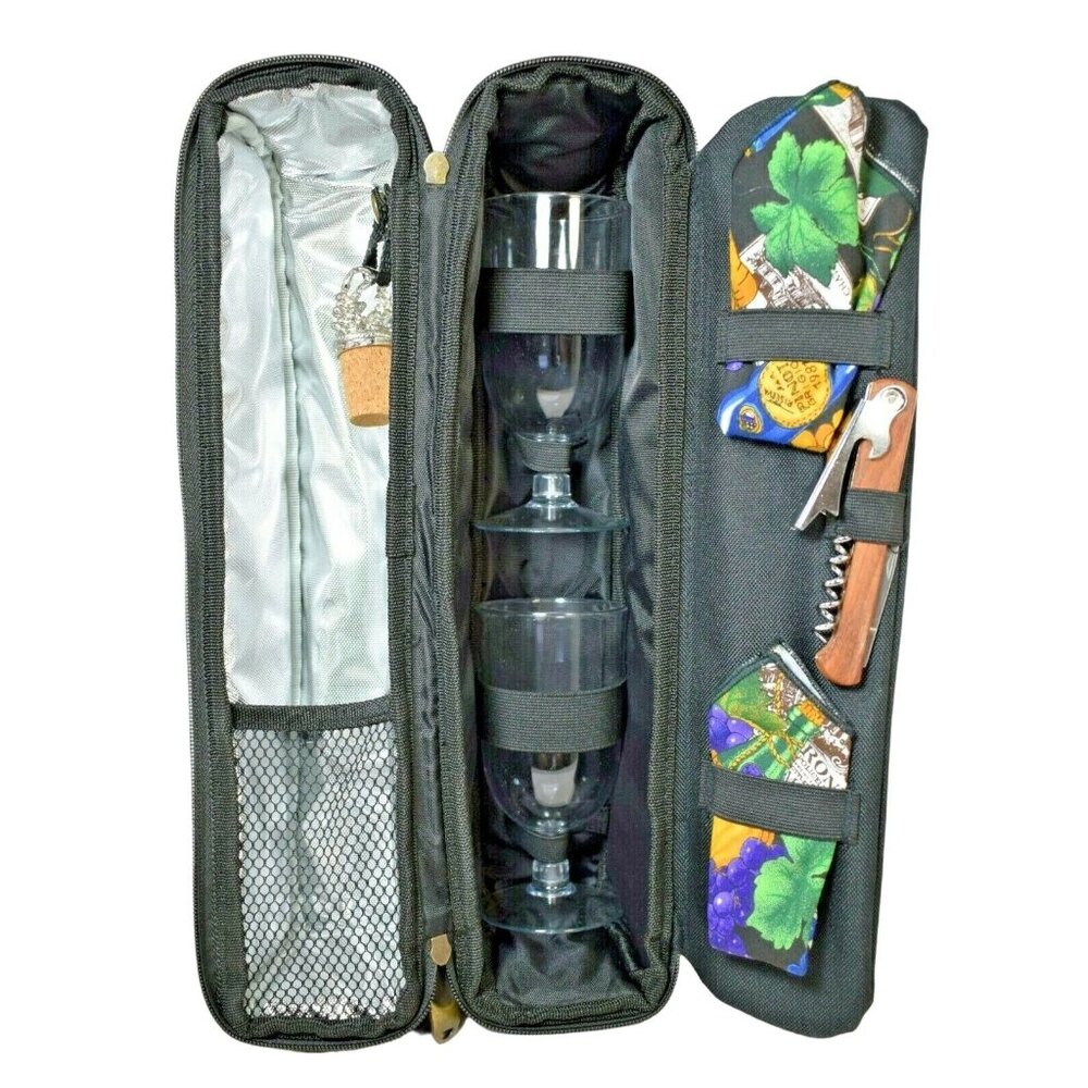 Picnic at Ascot Sunset Deluxe Insulated Single Bottle Wine Bag with Glasses